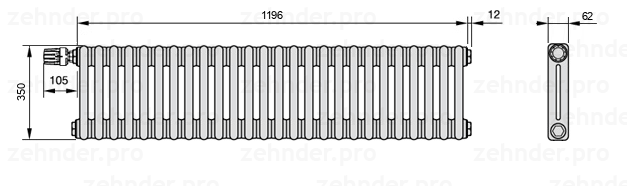 Схема (чертеж) Радиатор Zehnder Charleston 2035/26 №V012 Белый глянцевый RAL 9016